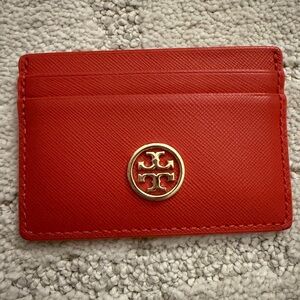 Tory Burch Orange Saffiano Leather Card Case with Gold Logo